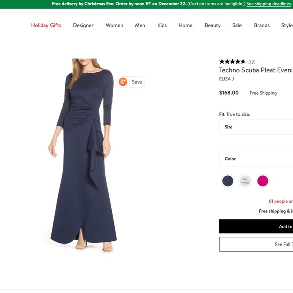 ELIZA J BLUE Techno Scuba Pleat Evening DRESS GOWN - Picture 3 of 9